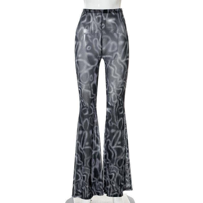 acelimosf™-Mesh see through flared print pant y2k 90s Revival Techno Fashion