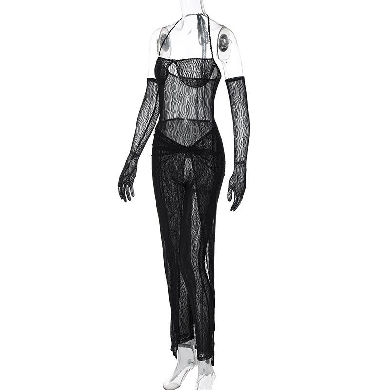 acelimosf™-Sheer mesh solid halter self tie gloves backless jumpsuit skirt set goth Alternative Darkwave Fashion goth Emo Darkwave Fashion