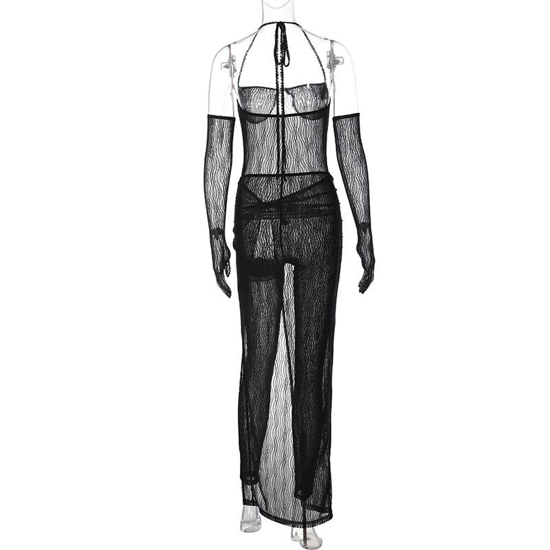 acelimosf™-Sheer mesh solid halter self tie gloves backless jumpsuit skirt set goth Alternative Darkwave Fashion goth Emo Darkwave Fashion