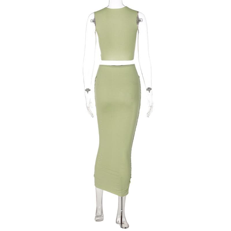 acelimosf™-Hollow out ruched solid sleeveless midi skirt set