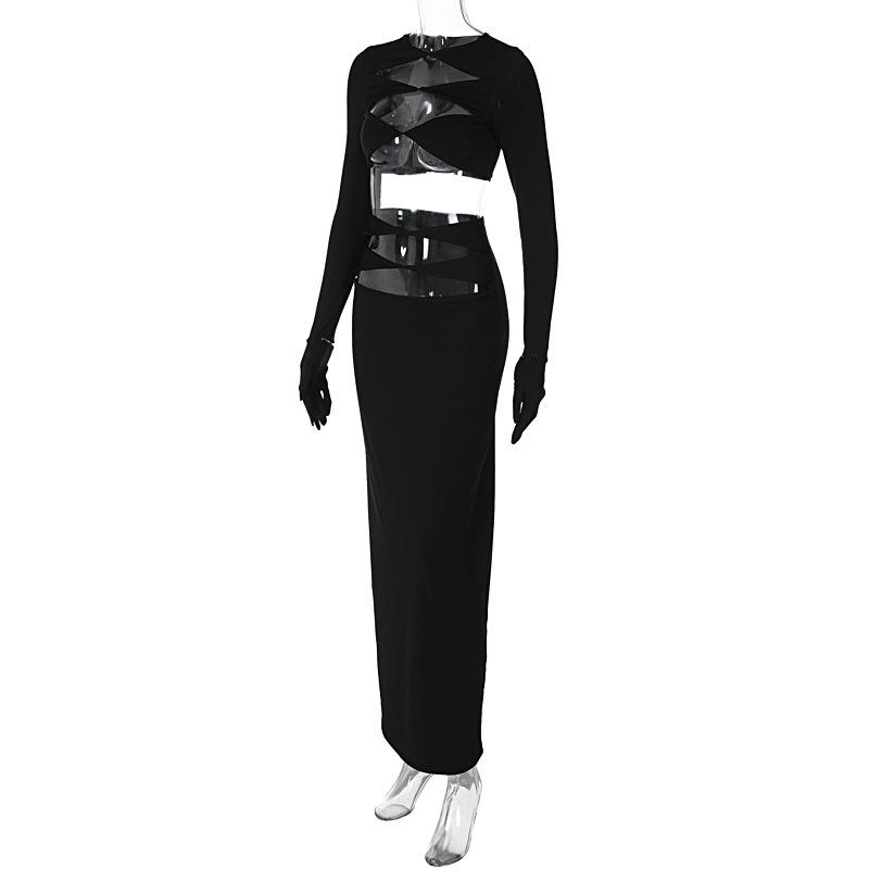 acelimosf™-Long sleeve crewneck gloves hollow out solid maxi skirt set