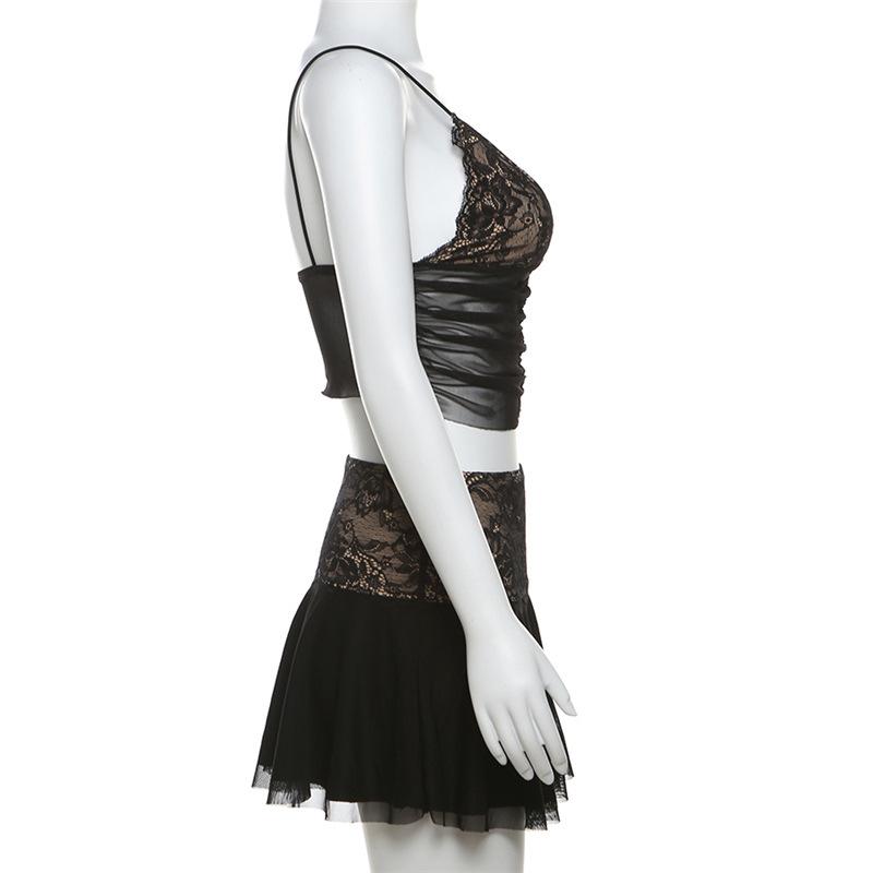 acelimosf™-Lace v neck ruched mesh patchwork cami mini skirt set