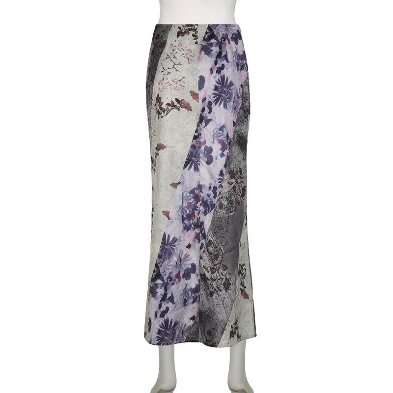 acelimosf™-Flower print contrast maxi skirt