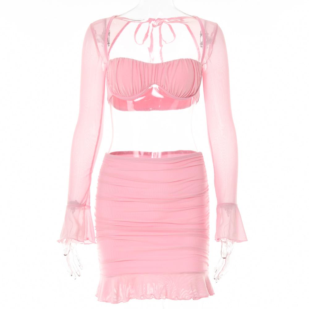 acelimosf™-Mesh hollow out solid ruffle long sleeve ruched mini skirt set