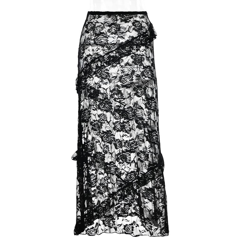 acelimosf™-Lace irregular ruffle see through solid low rise maxi skirt grunge 90s Streetwear Disheveled Chic Fashion grunge 90s Streetwear Distressed Fashion