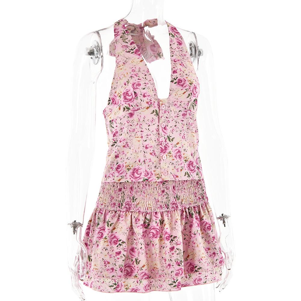 acelimosf™-Halter smocked button flower print mini skirt set