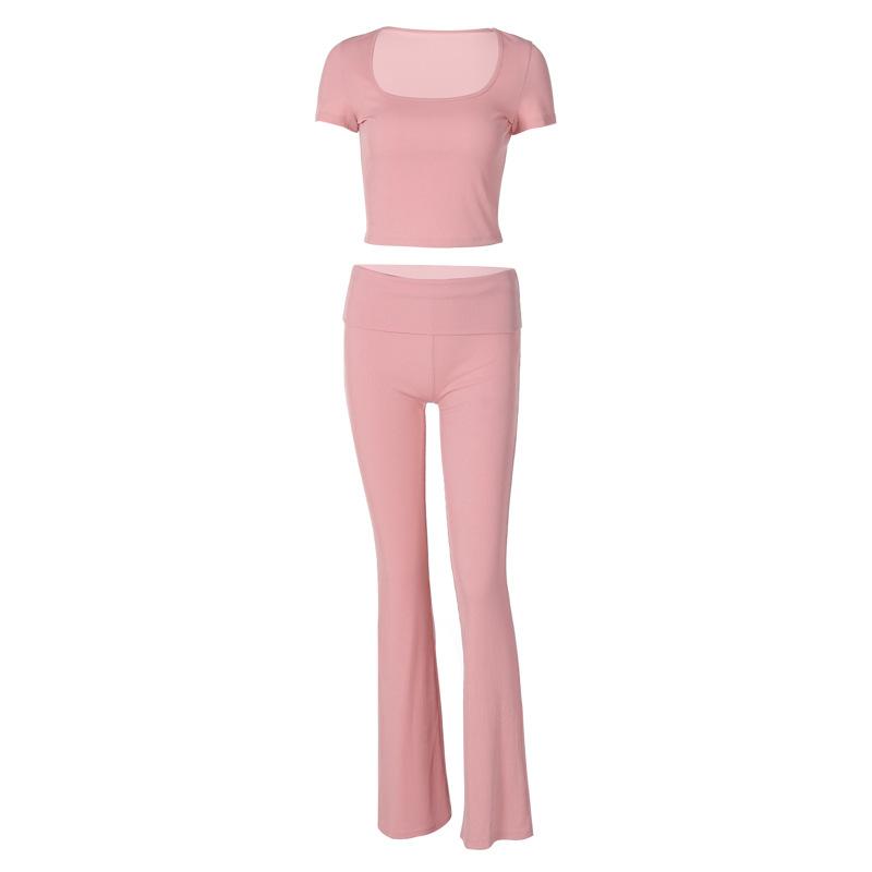 acelimosf™-Short sleeve u neck ribbed solid pant set