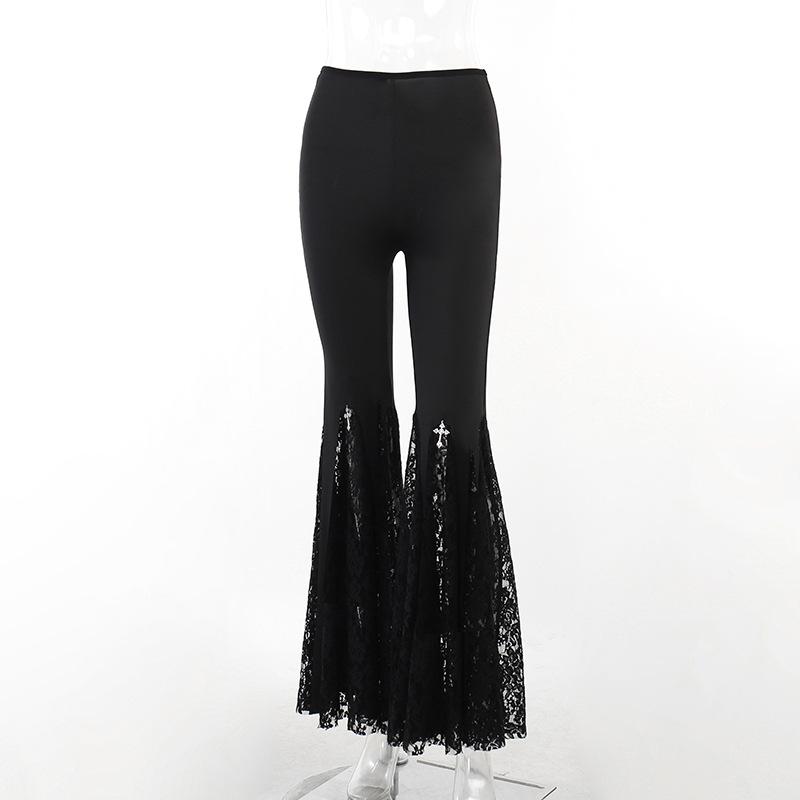 acelimosf™-Lace patchwork solid cross applique flared pant y2k 90s Revival Techno Fashion