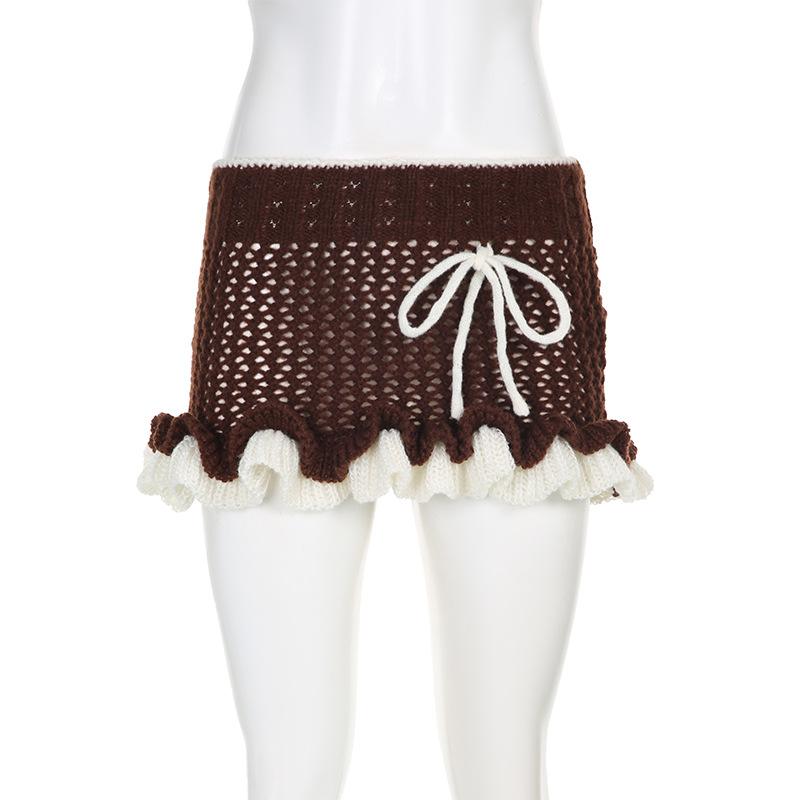 acelimosf™-Ruffle contrast crochet low rise mini skirt