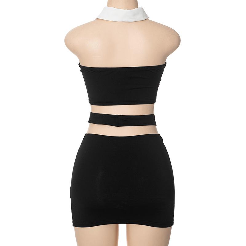 acelimosf™-Halter turnover collar hollow out mini skirt set