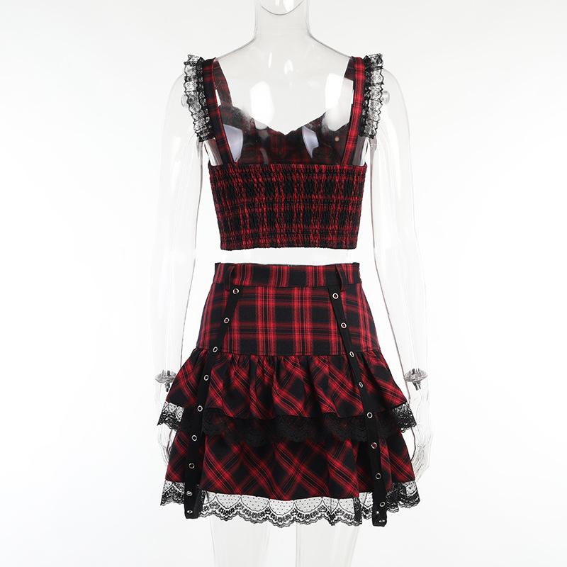 acelimosf™-Lace hem ruffle lace up plaid smocked backless mini skirt set