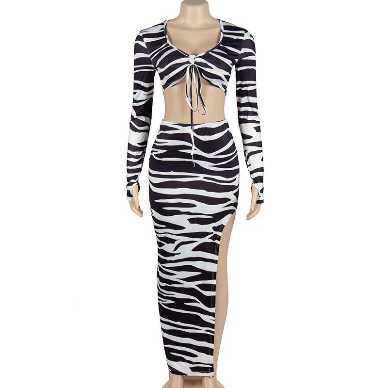 acelimosf™-Zebra print self tie contrast long sleeve irregular slit maxi skirt set