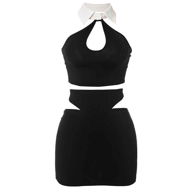 acelimosf™-Halter turnover collar hollow out mini skirt set