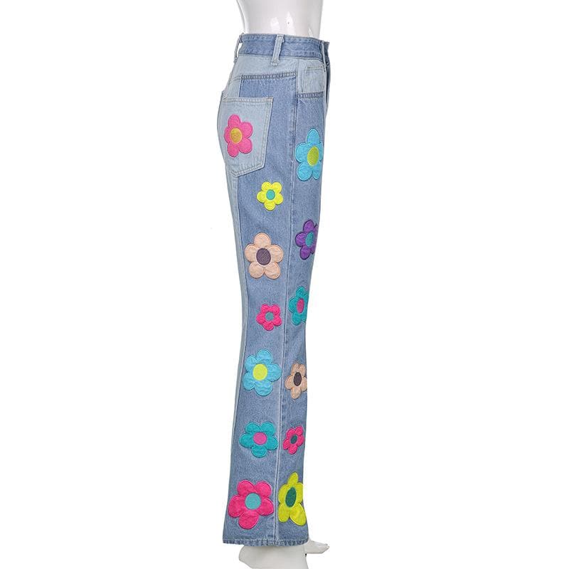 acelimosf™-Flower embroidery patchwork contrast medium rise flared jeans y2k 90s Revival Techno Fashion