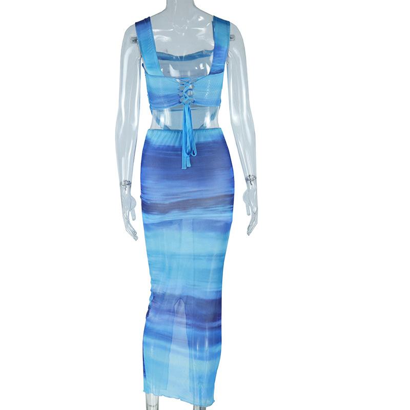 acelimosf™-Cowl neck lace up tie dye slit mesh cami midi skirt set