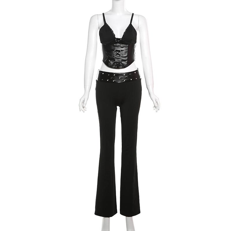 acelimosf™-V neck PU leather lace up cami pant set