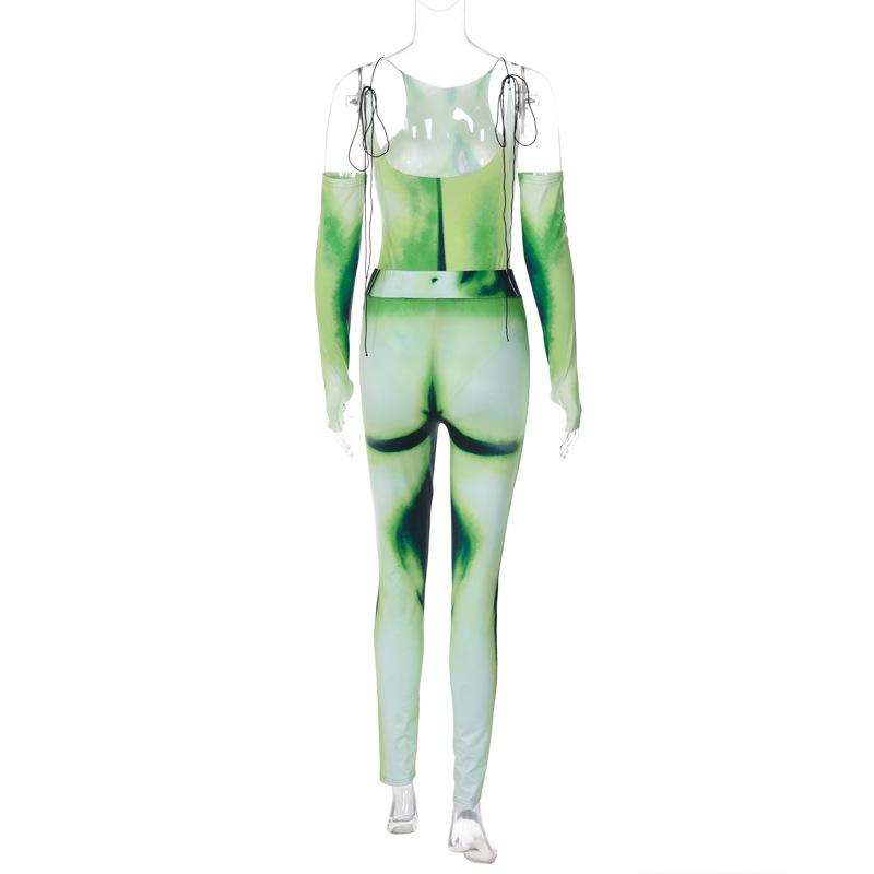 acelimosf™-Body pattern contrast gloves self tie backless bodysuit pant set cyberpunk Sci-Fi Fashion