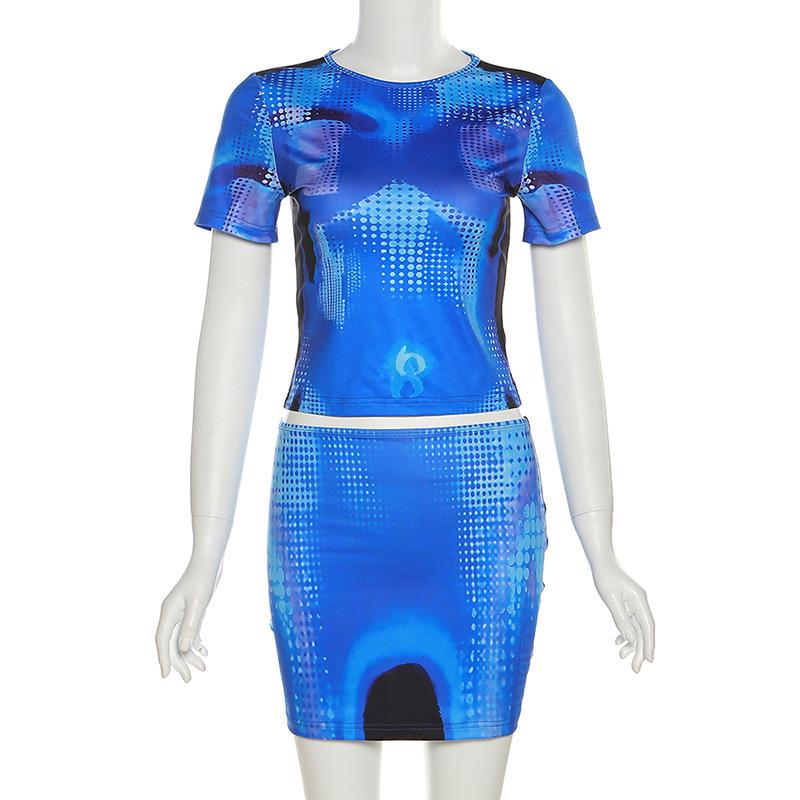 acelimosf™-Contrast print short sleeve crewneck mini skirt set y2k 90s Revival Techno Fashion