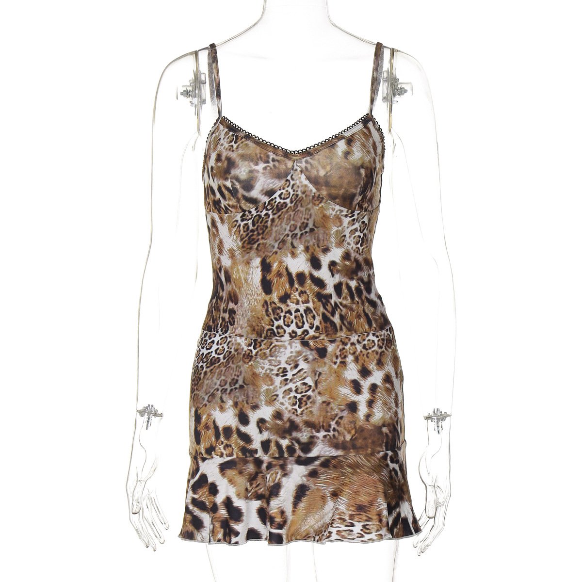 acelimosf™-Leopard print v neck lace hem ruffle cami skirt set