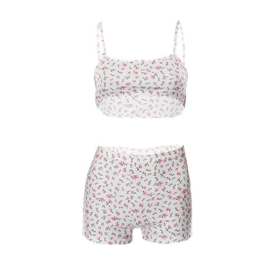 acelimosf™-Floral print textured cami crop top short pant set y2k 90s Revival Techno Fashion