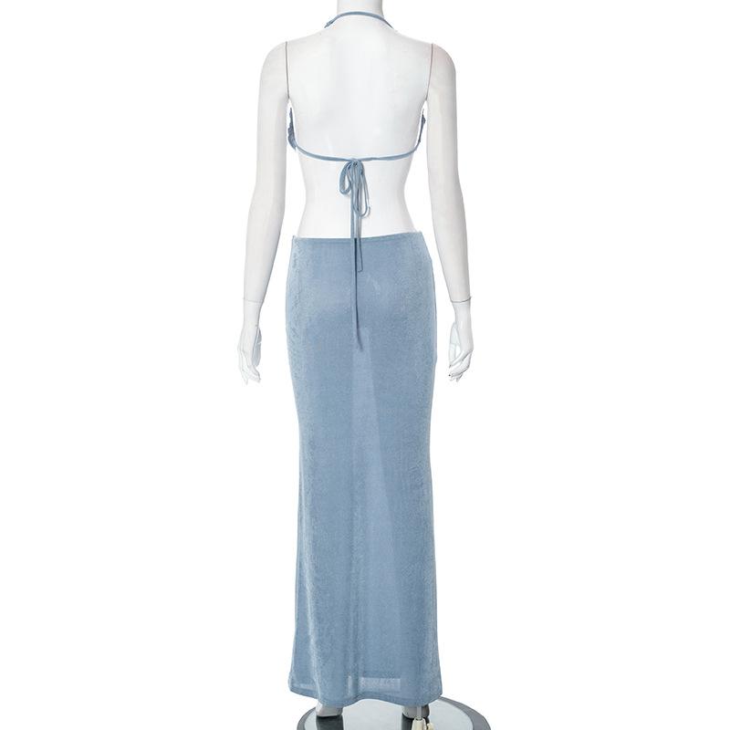 acelimosf™-Halter solid backless self tie ruched maxi skirt set