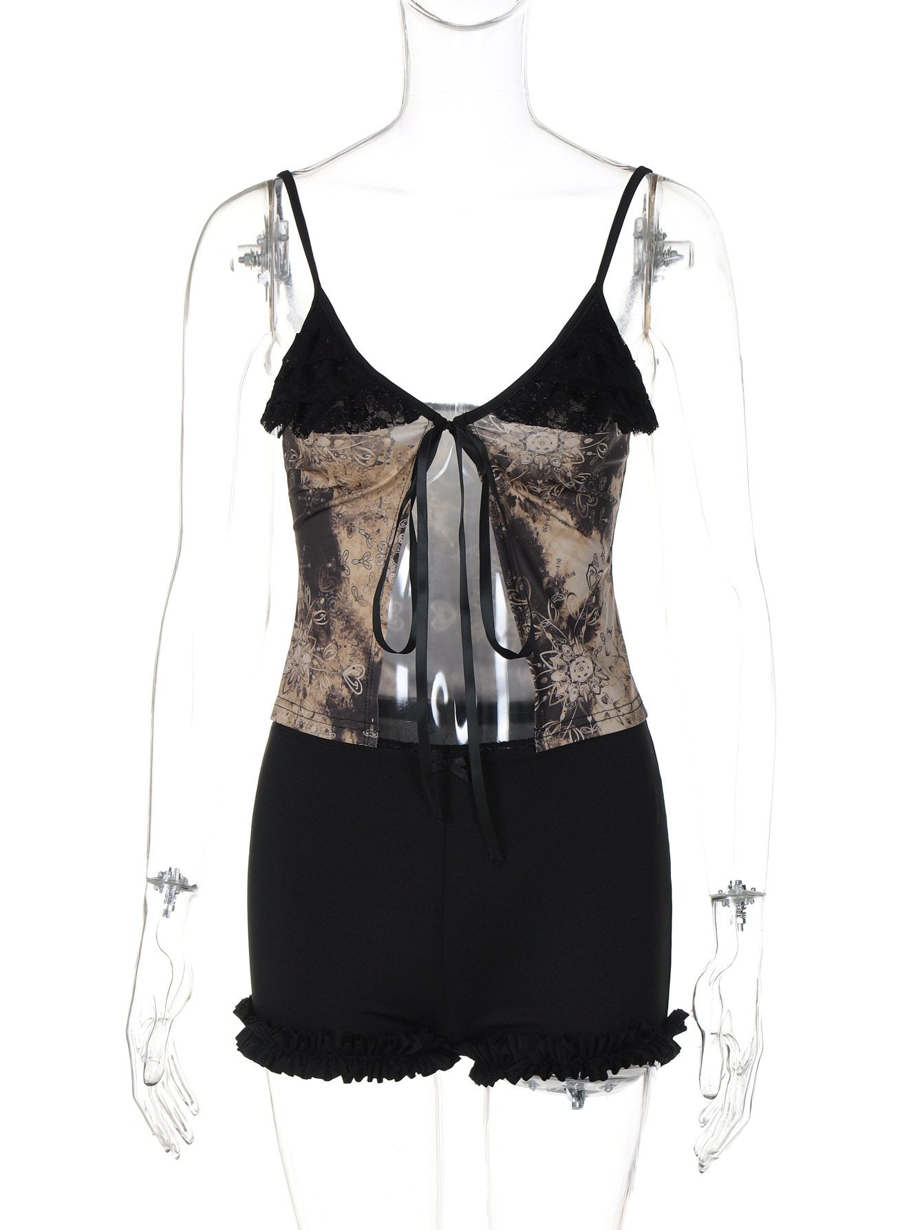 acelimosf™-V neck lace hem print self tie cami pant set