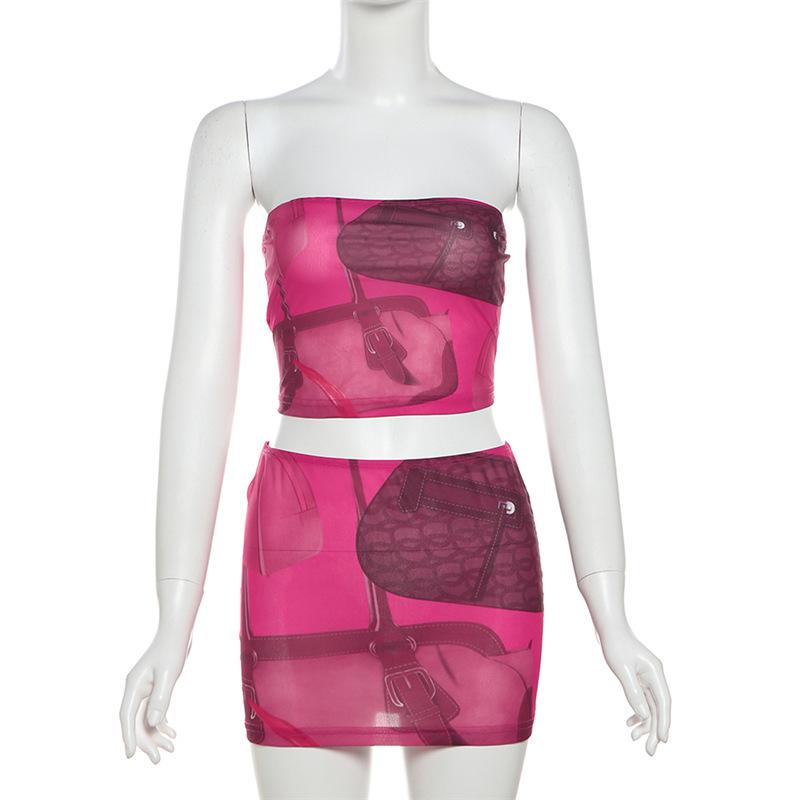 acelimosf™-Print backless tube mini skirt set