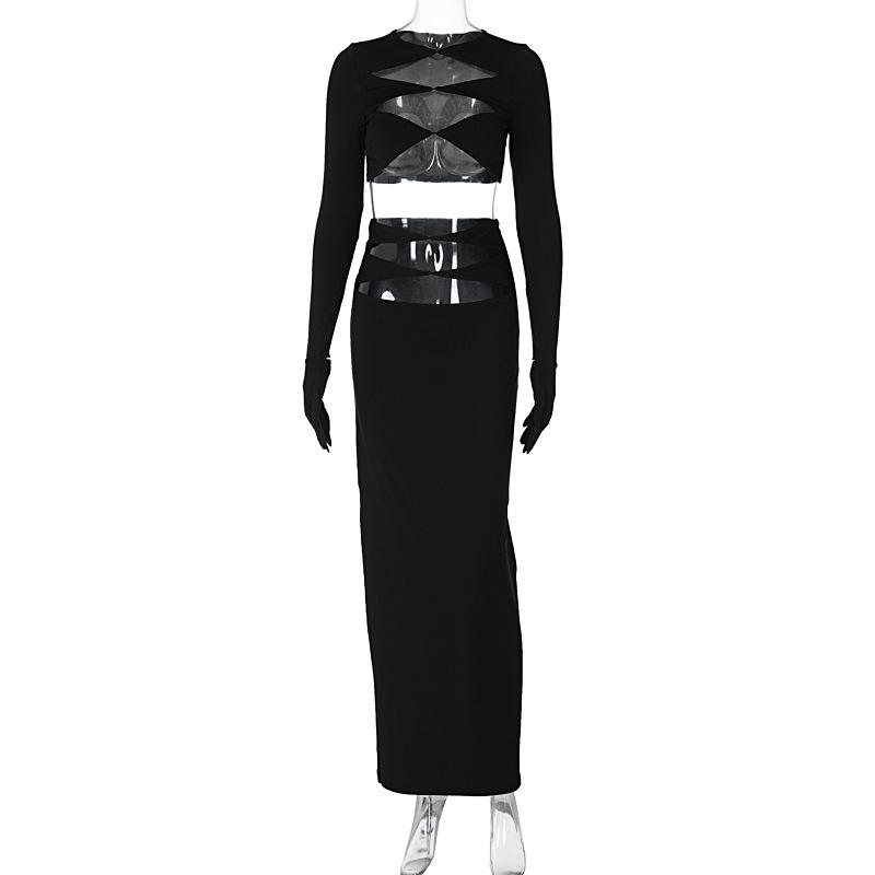 acelimosf™-Long sleeve crewneck gloves hollow out solid maxi skirt set