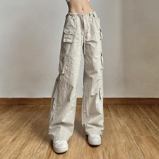 acelimosf™-Cargo pocket drawstring solid button adjustable waist wide leg pant