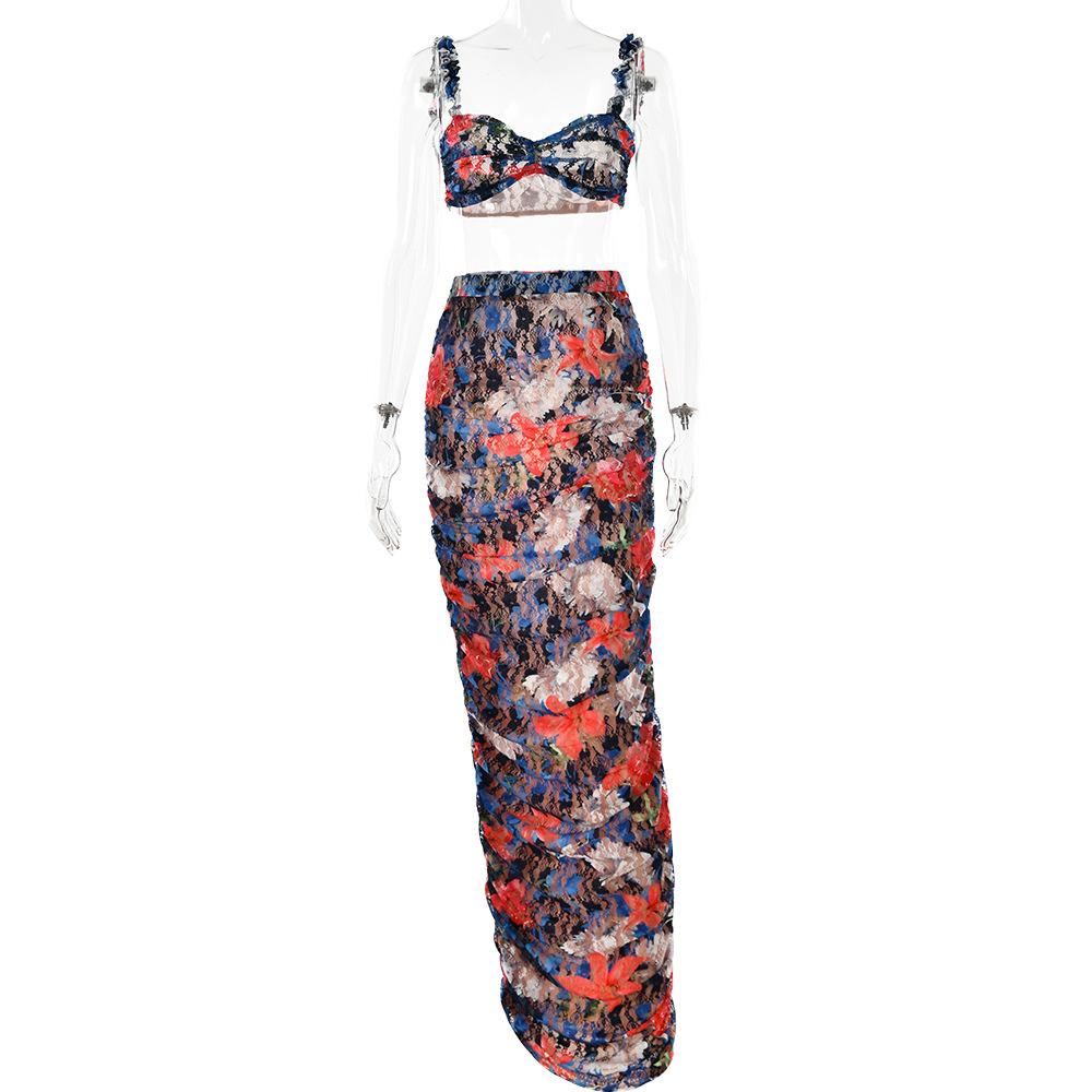 acelimosf™-Flower print ruffle contrast ruched lace maxi skirt set