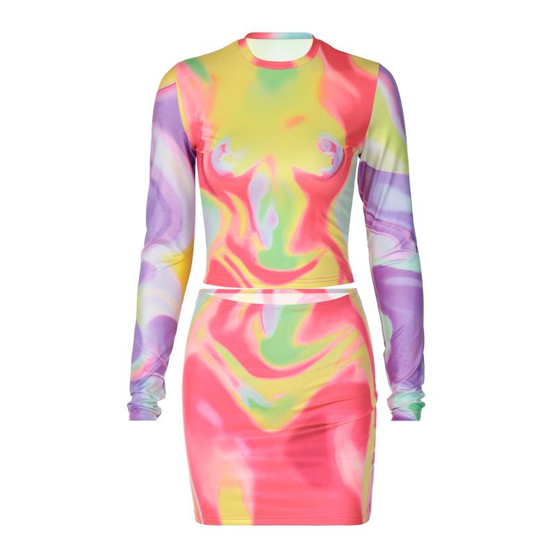 acelimosf™-Contrast print long sleeve crewneck mini skirt set