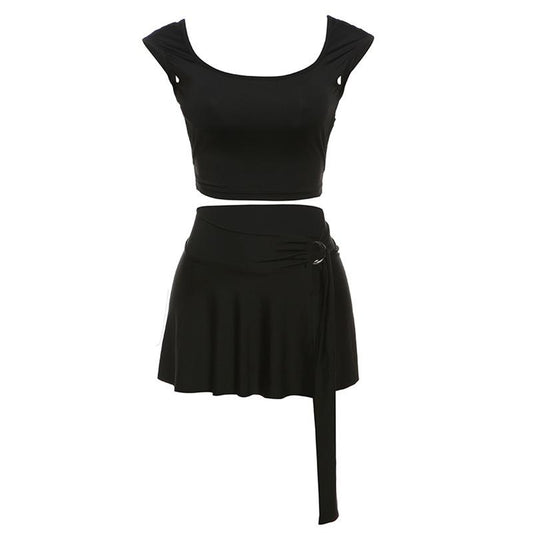 acelimosf™-U neck backless o ring solid mini skirt set