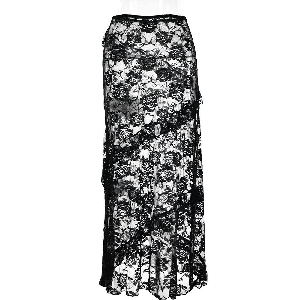 acelimosf™-Lace irregular ruffle see through solid low rise maxi skirt grunge 90s Streetwear Disheveled Chic Fashion grunge 90s Streetwear Distressed Fashion