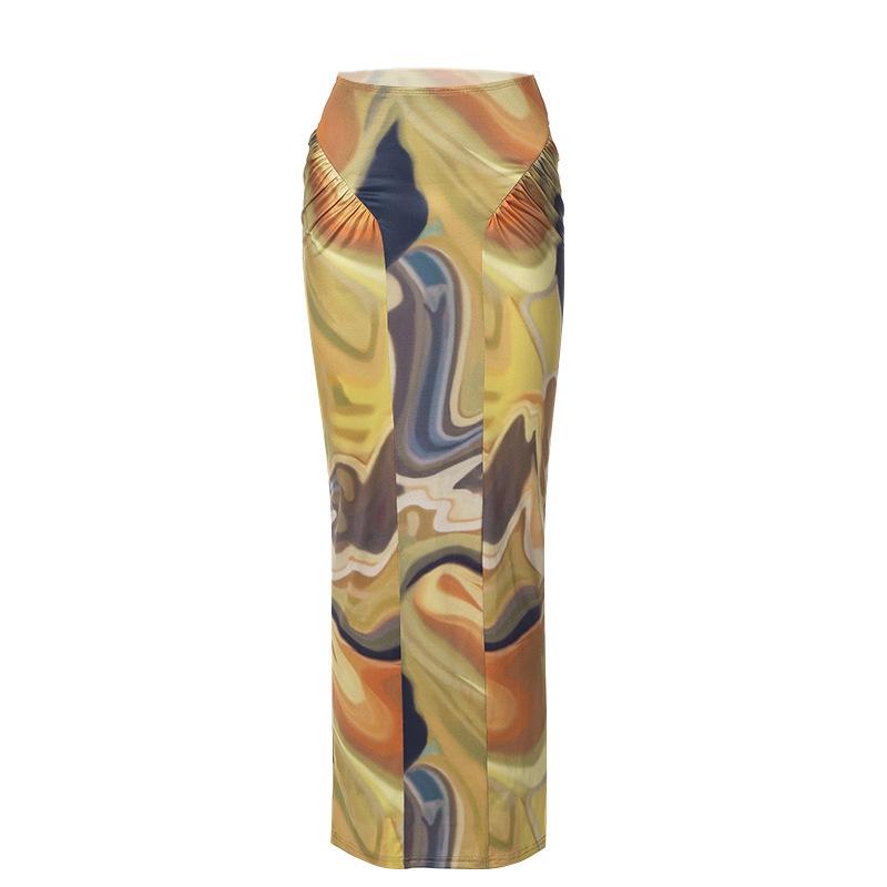 acelimosf™-Contrast ruched abstract print midi skirt cyberpunk Sci-Fi Fashion