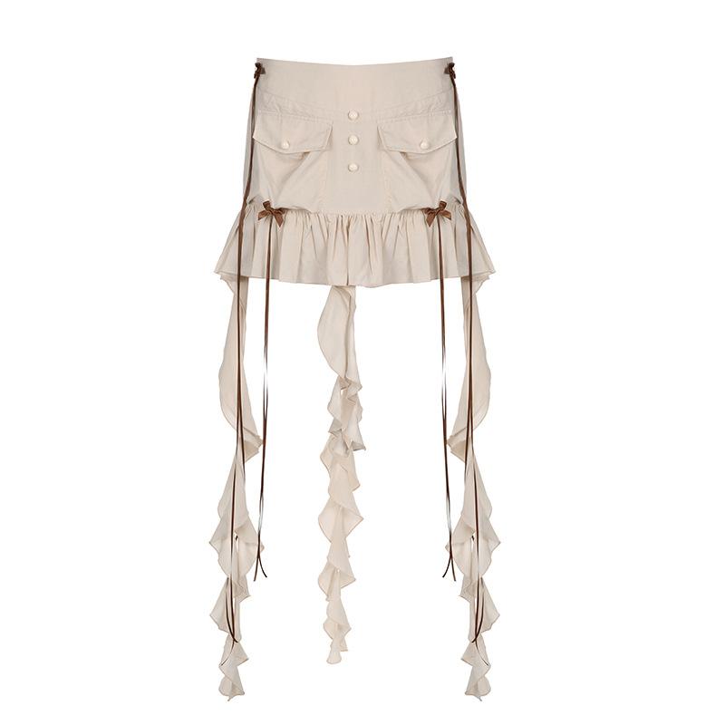 acelimosf™-Ruffle ribbon zip-up bowknot button pocket mini skirt