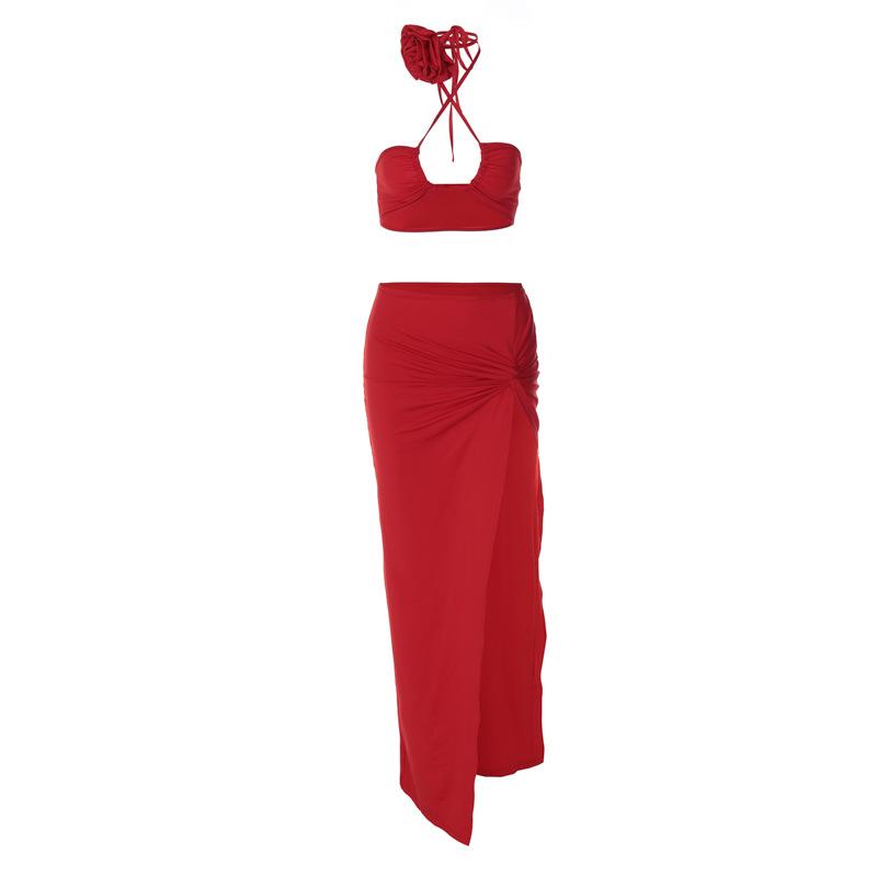 acelimosf™-Cross front halter flower applique slit knotted maxi skirt set