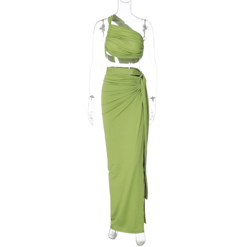 acelimosf™-Ruched solid one shoulder irregular self tie maxi skirt set