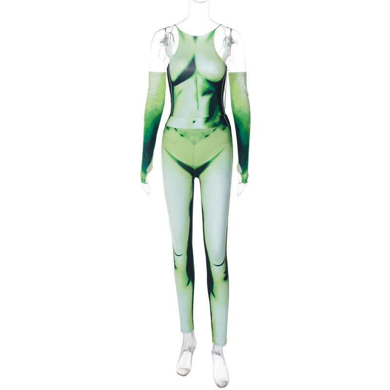 acelimosf™-Body pattern contrast gloves self tie backless bodysuit pant set cyberpunk Sci-Fi Fashion