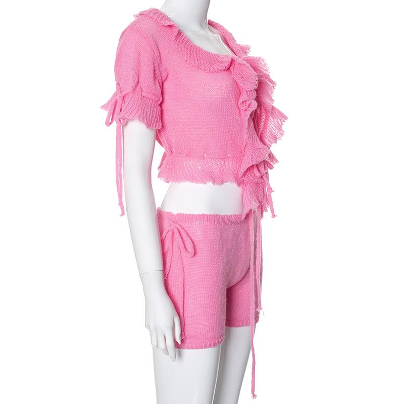 acelimosf™-Short sleeve ruffle knitted drawstring ruched pant set