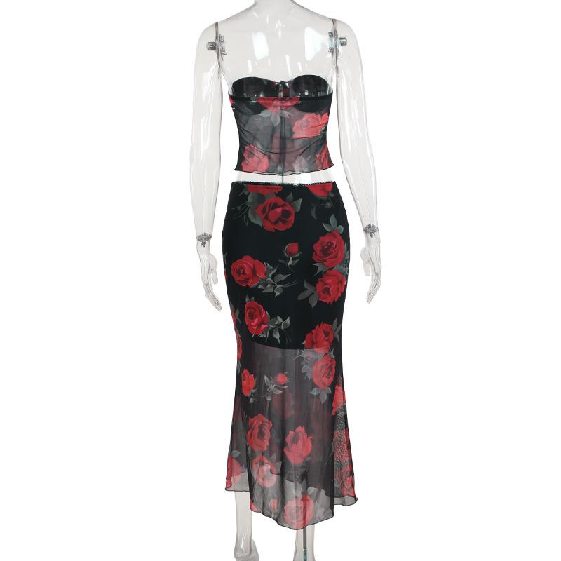 acelimosf™-Sweetheart neck rose print mesh ruffle midi skirt set