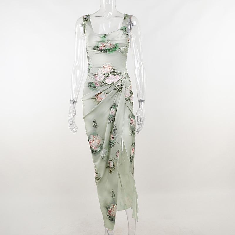 acelimosf™-Flower print cowl neck contrast slit ruched sleeveless maxi skirt set