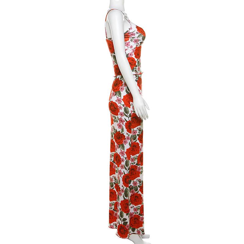 acelimosf™-V neck flower print cami maxi skirt set