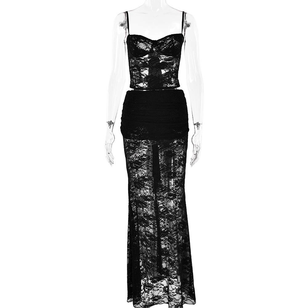 acelimosf™-Sweetheart neck ruffle lace see through cami maxi skirt set