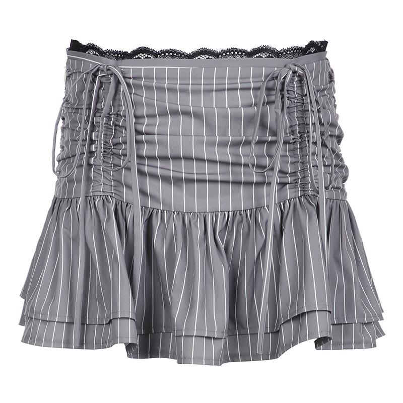 acelimosf™-Drawstring ruched lace hem striped mini skirt