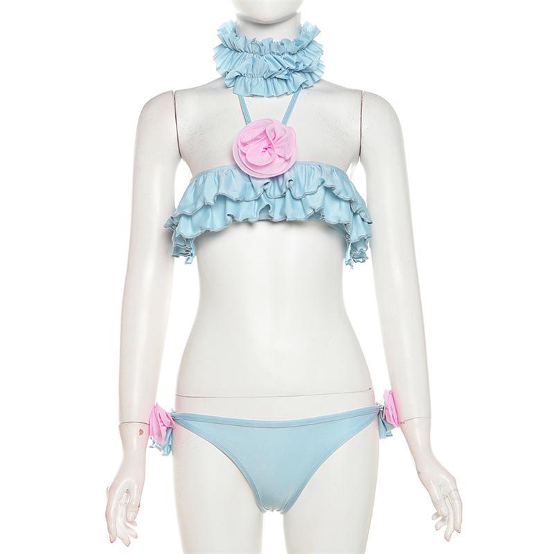 acelimosf™-Halter ruffle flower applique self tie 3 piece pant set