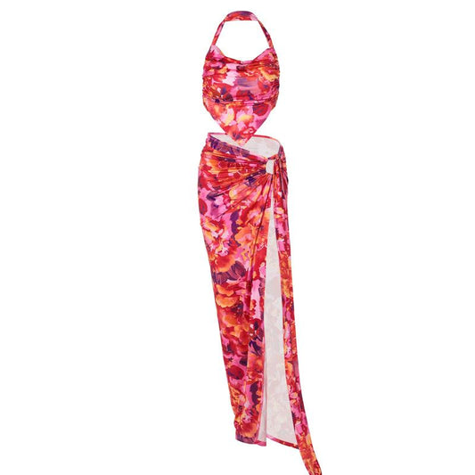 acelimosf™-Halter flower print o ring slit maxi skirt set