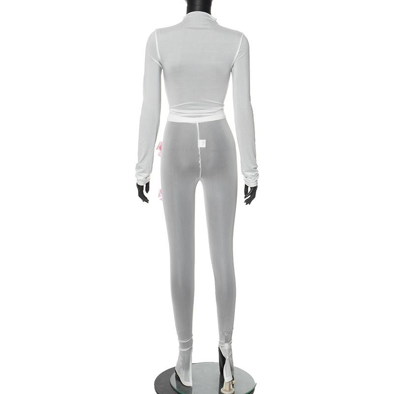 acelimosf™-Long sleeve bowknot high neck mesh see through pant set