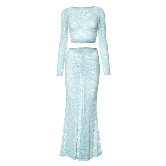 acelimosf™-Long sleeve lace see through crop maxi skirt set