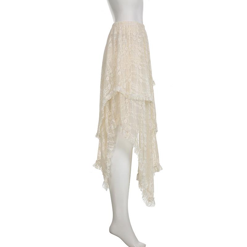 acelimosf™-Irregular lace ruffle solid midi skirt y2k 90s Revival Techno Fashion