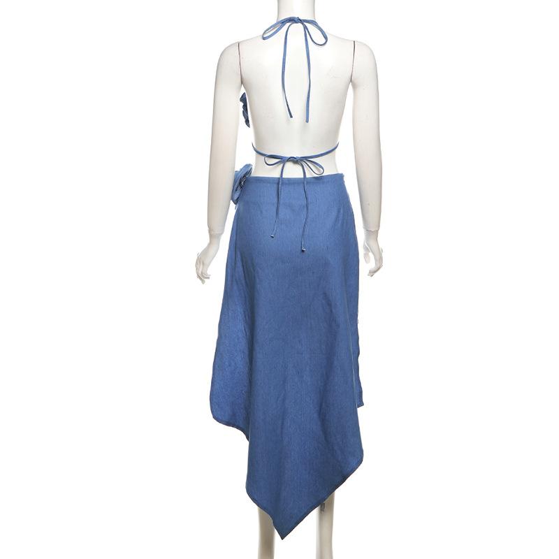 acelimosf™-Halter denim flower applique midi skirt set